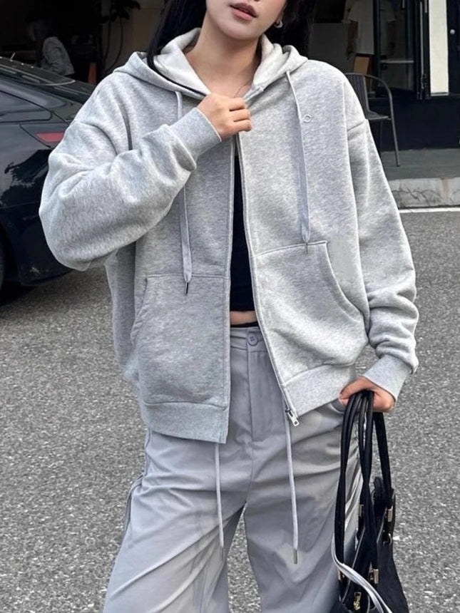 Korean Fit Classic Versatile Drawstring Hoodies Fashion Casual Loose Zipper Hoodies Women Autumn Cotton Long Sleeves Sweatshirt