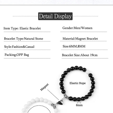 2Pcs/Set Sliver Black Color Magnet Pendant Bracelets 6MM 8MM White Porcelain Black Line Beads Couple Bracelet Jewelry Gift New