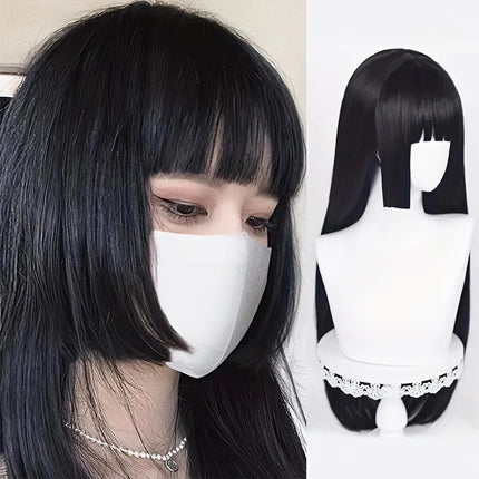 Natural Long Straight Synthetic Black Wig With Bangs Lolita Cosplay Hair Wigs For Women Heat Resistant Fiber Daily Party Wig Fem