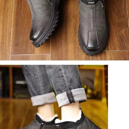 Men's Winter Casual Shoes Thickened Fleece Lined Waterproof Leather Surface Warm Wear Resistant Work Shoes Slip on round Toe