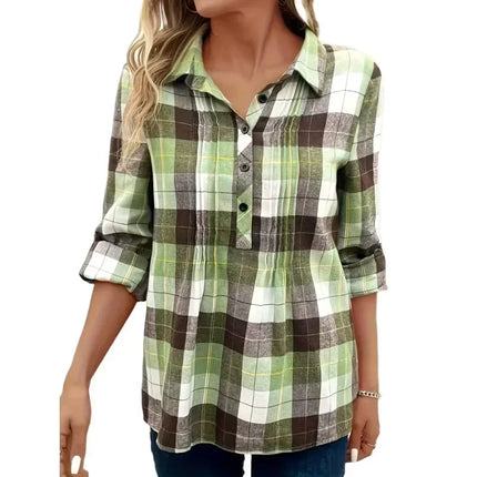 Women's Plus Size 1XL-5XL Plaid Print Long Sleeve Casual Blouse Lapel Collar Pullover Shirt Ladies Fashion Button Up Shirt Top