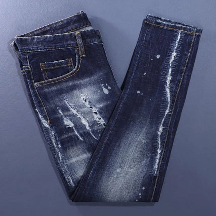Fashionable Men's Deep Blue Jeans with Scratches, Washed Water, Nostalgic Stretch, Slim Fit, Painted Jeans, Designer High Street
