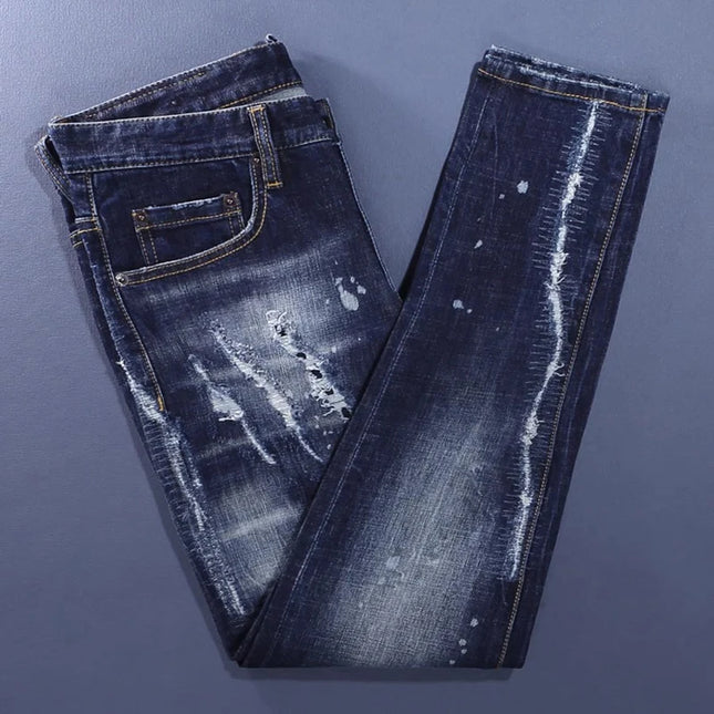 Fashionable Men's Deep Blue Jeans with Scratches, Washed Water, Nostalgic Stretch, Slim Fit, Painted Jeans, Designer High Street