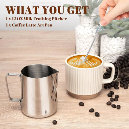 12oz Thickened Stainless Steel Coffee Latte Art Pitcher Scale Pointed Spout Milk Frothing Jug Barista Professional Coffee Tool
