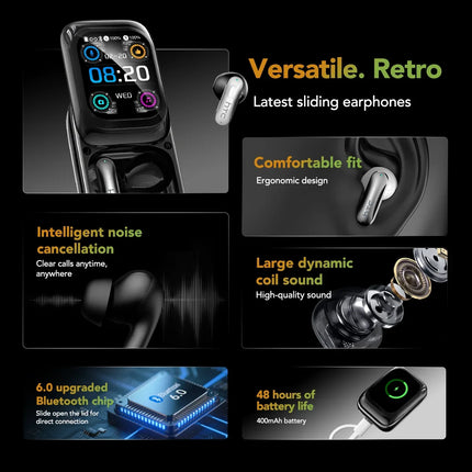 HTC NE48 Slider Headphones Wireless with a Colorful HD Display Touch Control In-Ear Bluetooth Earphones AI Translation Earbuds