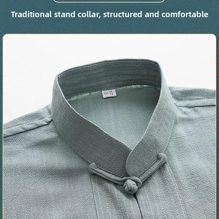 Men's Spring Summer Chinese Style Cotton Linen Long Sleeve Two-Piece Set Traditional Clothing Loose Fit Square Collar Shirt