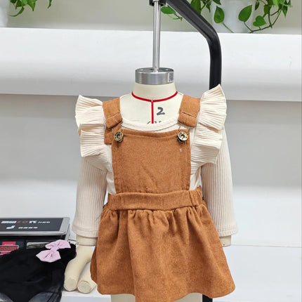 0-18months Baby Girl Spring Fall Outfit Solid Ruffled Long Sleeve Crew Neck Romper with Corduroy Suspender Overalls 2 Pcs Set