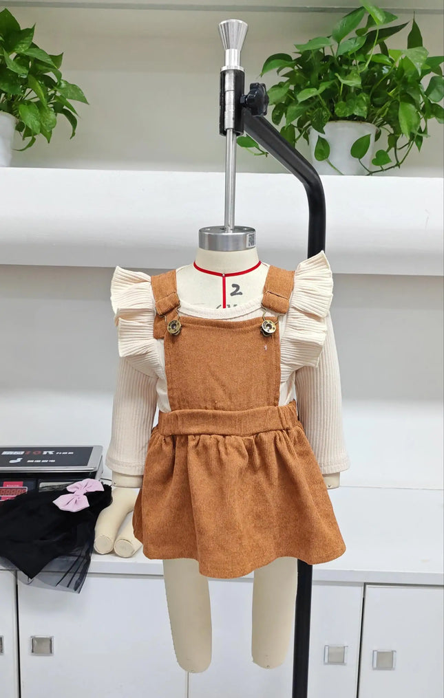 0-18months Baby Girl Spring Fall Outfit Solid Ruffled Long Sleeve Crew Neck Romper with Corduroy Suspender Overalls 2 Pcs Set