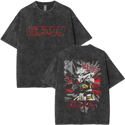 Washed Vintage Anime Gachiakuta Rudo Enjin Zanka Riyo Face Graphic T-shirt Men Women Casual Cartoon Manga Short Sleeve T-shirts