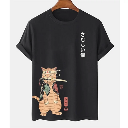 Japanese Samurai Cat Print T Shirt For Men Casual Simplicity O-neck Short Sleeve Fashion Trend Harajuku Streetwear Oversized Top