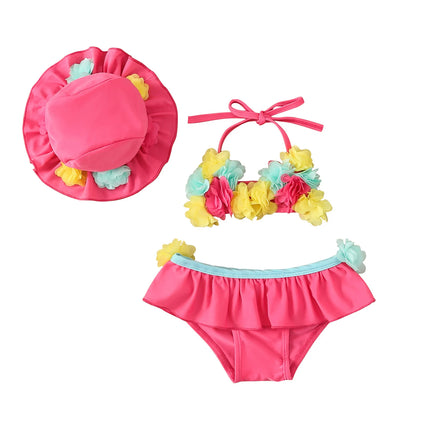 Infant Baby Girls Three-piece Bathing Suit, Flower Halter Neck Swimming Tops, Bottoms and Sun Protection Cap