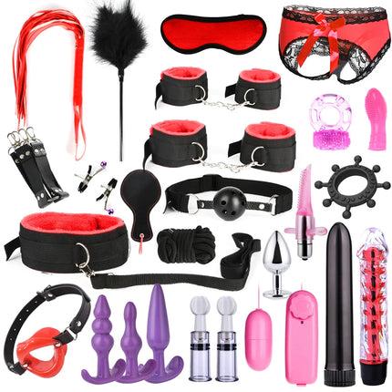 BDSM SexLove Set Kits Adults Sex Toys for Women Men Handcuffs Nipple Clamps Whip Spanking Sex Metal Anal Plug Vibrator Butt