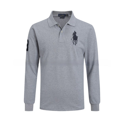 Long Sleeve Pure Cotton Polo Shirt Men's Embroidered Polo Neck T-Shirt Casual Spring Autumn British Style Loose Fit Solid Color