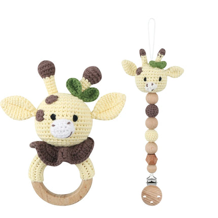 Baby Rattle Crochet Bear Teether Rattle With Bells Pacifier Chain Newborn Montessori Educational Toy Wooden Rings Baby Toys
