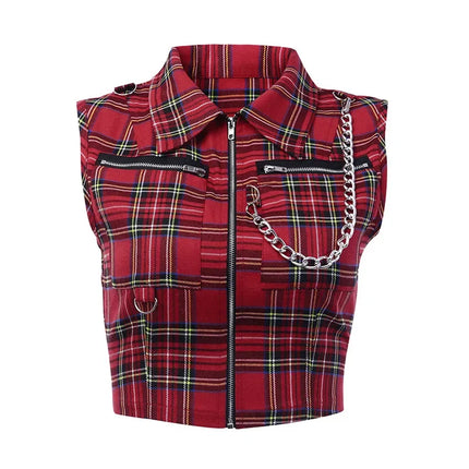 Plaid Punk Streetwear Zipper Chain Plaid Female Goth Retro Hip Hop Camisole Top Gothic Chic Sexy Crop Tops Women T-shirt