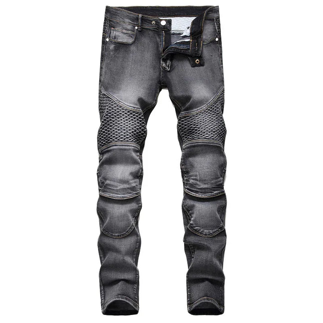 2025 New European and American style jeans, men's Amazon riding knee pads, retro motorcycle jeans, slim-fit trendy men's jeans