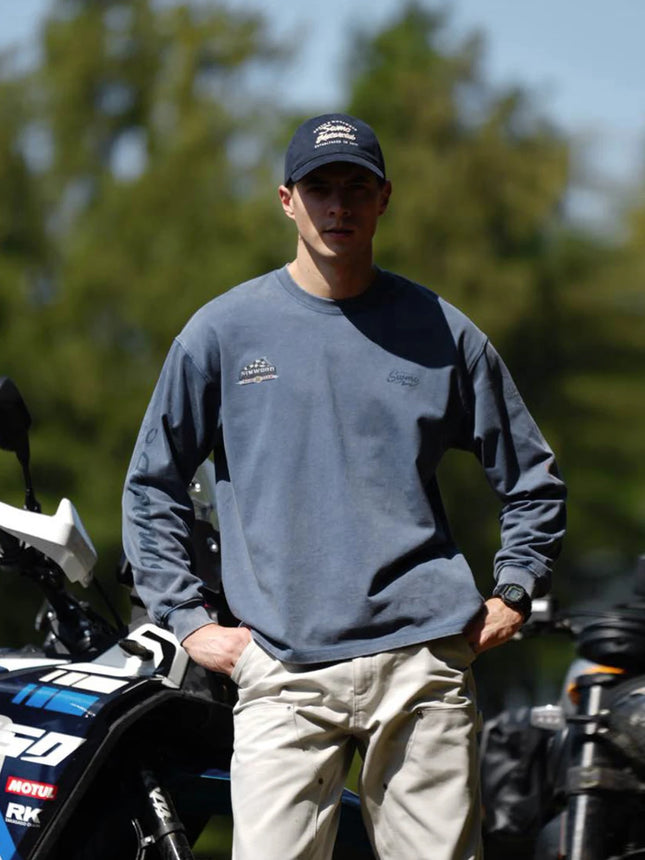 SIMWOOD New Men's Oversized Vintage Washed T-Shirt Retro Motorcycle Graphic Long Sleeve 300gsm Cotton Fabric For Men