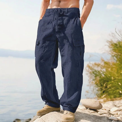 New Men'S Casual Trousers Loose Comfortable Cargo Pants Pants Cotton Linen Multi-Pocket Straight Trousers Beach Thin Men Pants