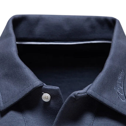 New men's long-sleeve cotton polo, embroidered, sport collar, trendy & versatile.