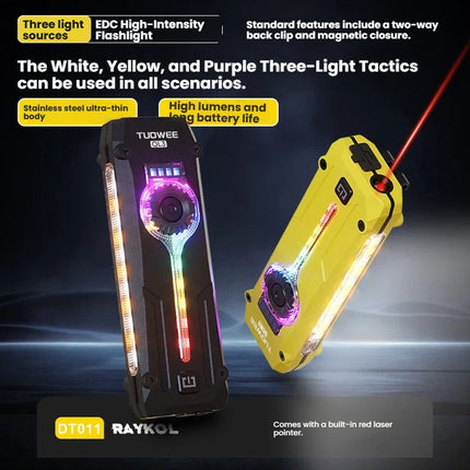 Rechargeable EDC Flat Pro Flashlight with Red Laser, RGB light, UV And LED Combo, Portable Pocket Lights, Outdoors Emergency