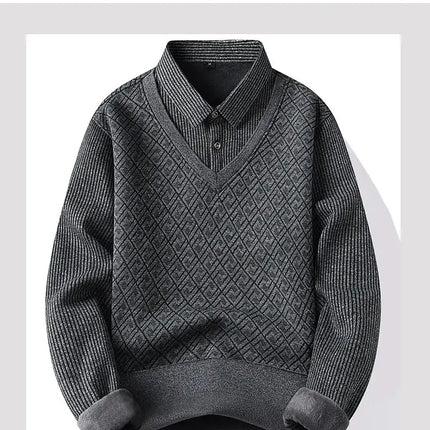 Winter Warm Thick Pullovers Men Polo Neck Fake Two Pieces Sweaters Fashion Casual Striped Fleece Lined Jumper Knitting Sweaters
