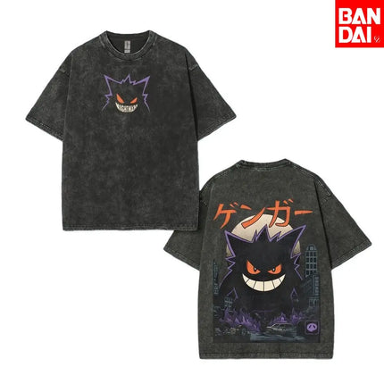 Pokemon Gastly Haunter Gengar T Shirt Men 2026 Summer Vintage Acid Wash Oversized Tee Japanese Anime Streetwear Hip Hop Harajuku