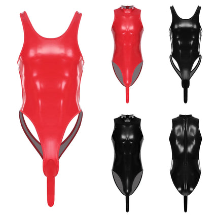 Men Sleeveless Glossy PU Bodycon Bodysuit with Genital Sheath Pouch Crossdressing Costume Lingerie Nightwear Nightclub Clubwear