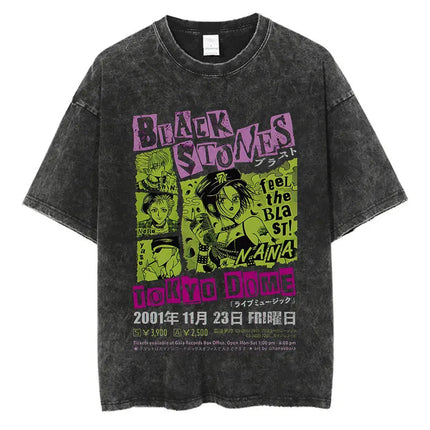 Japanese Anime Nana Osaki Print Vintage Washed T-shirt Harajuku Streetwear Graphic T-Shirt Summer Short Sleeve Cotton T-shirt