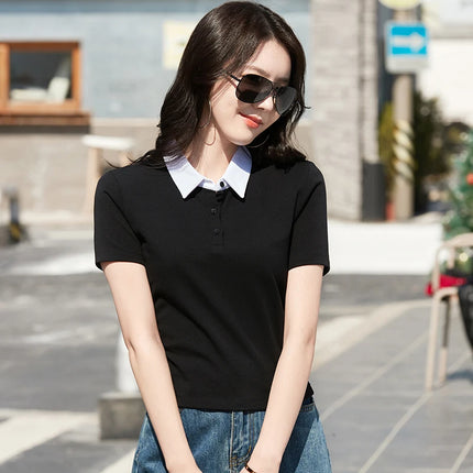 Summer New Cotton Polo Shirt Solid Color Polo Neck Short Sleeve High Waist Short Style Slim Fit Fashion Casual Women's Shirt
