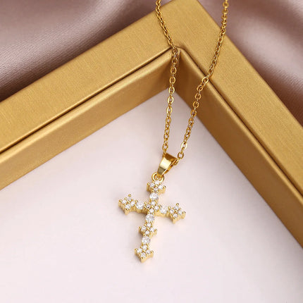 Female Full Zircon Big Cross Pendant Chains Necklaces For Women Gold Color Metal White Stone Clavicle Necklace Birthday Jewelry