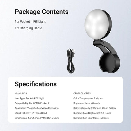 NEEWER Mini LED Auxiliary Fill Light For DJI OSMO Pocket 4 Gimbal Camera, 200mAh with 3 CCT Modes & USB C Charging, Lightin
