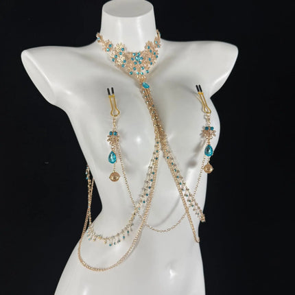 Sexy Sapphire Collar Body Chain Multiple Styles of Nipple Clamps Chest Restraint Fetish Female Accessories SM Anal Self-Pleasure