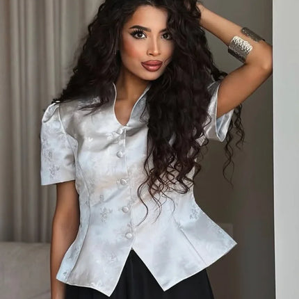 Solid Color Jacquard Glossy Satin Tops Women Chic Stand Collar Single Breasted Slim Fit Split Hem T-shirts Lady Daily Wear New
