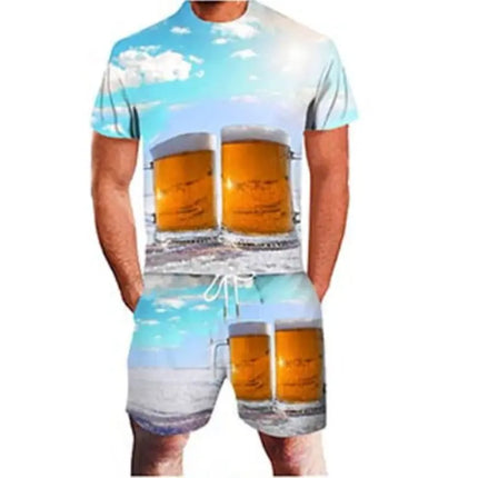 3D Beer Print Sport Moisture-Wicking Breathable Men T-Shirt Shorts Fun Cool Street Cosplay Casual Fashion Trend Pants Set Summer