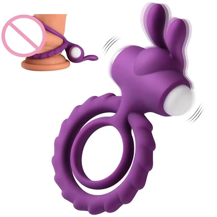Penis Ring Dual Vibrating Delay Ejaculation Erection Enhancer Vibrator with Rabbit Ear Durable Cock Rings Sex Toy Men Couples