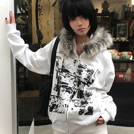 2026 Y2K Gothic Punk Faux Fur Hooded Jacket Women Printed Vintage American Harajuku Subculture Black Casual Streetwear