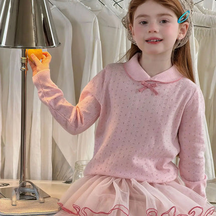 2026 Spring Sweet Preppy Style Girls Blouse Pink Peter Pan Collar Bow Openwork Knit Top Soft Long Sleeve Children Tee