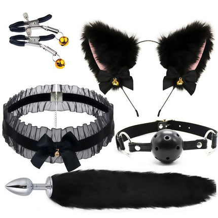5 In 1 Fox Tail Butt Plug Set Cat Ears Headband Choker Ball Gag Nipple Clamps BDSM Cosplay Pet Play Accessories for Couples