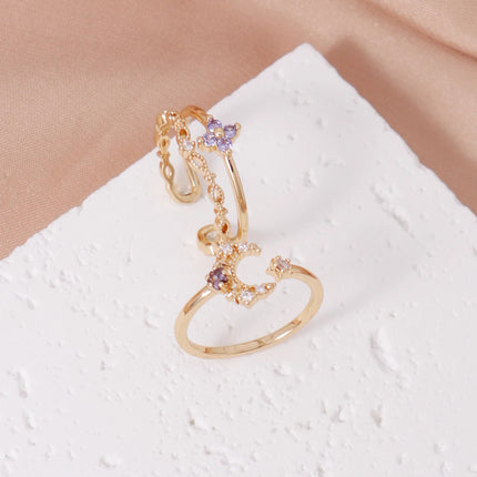 2PCS Charm Simple Light Purple Cubic Zirconia Star Moon Design Open Ring Set Elegant Women's Dating Daily Jewelry