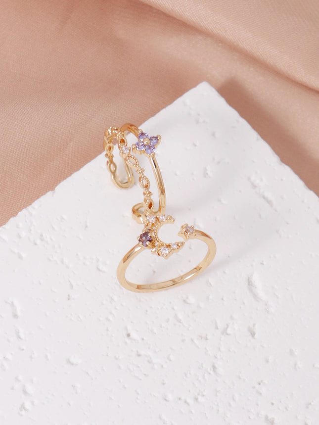 2PCS Charm Simple Light Purple Cubic Zirconia Star Moon Design Open Ring Set Elegant Women's Dating Daily Jewelry