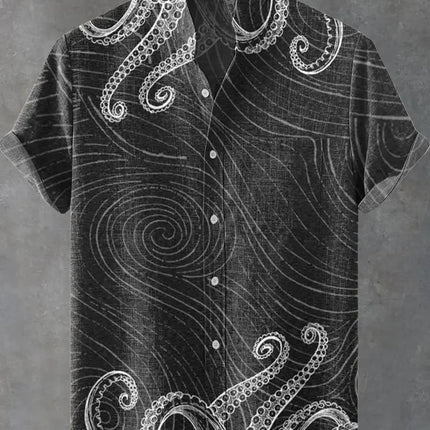 New Men's Casual Short Sleeved Lapel Shirt with 3D Cat Print Fashion Pattern and Comfortable Shirt Top