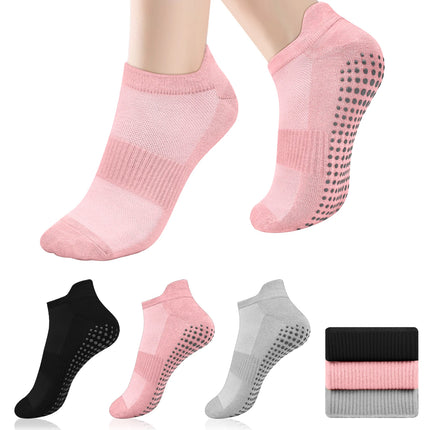 3 Pairs Yoga Socks Women Cotton Short Mesh Breathable Professional Non-slip Floor Pilates Dance Sports Gym Socks