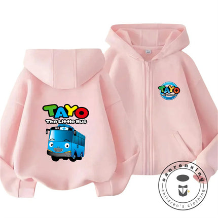 Tayo The Little Bus 2026 Cartoon Zipper Hoodie 3-14Y Boys Girls Autumn Winter Kawaii Street Hot Fashion Outdoor Casual