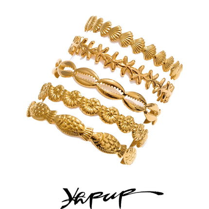 Yhpup Summer Ocean Style Fish Shell Starfish Cuff Open Bracelet Bangle 18K Gold Color PVD Stainless Steel Jewelry Wholesale Gift
