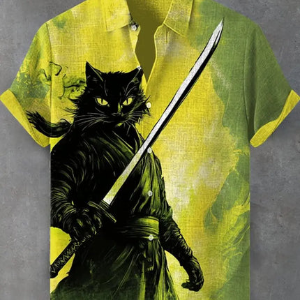 Men's Edo Cat Samurai Warrior Japanese Art Anime Shirts 3D Print Casual Hawaiian Shirts Summer Men Women Short Sleeve Blouse Top