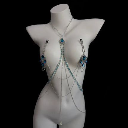 High Quality Fringe Sapphire Nipple Clamps Body Chain Breast Restraint  BDSM Waist Chain Couples' Flirting  Adult Sex Toys 18+