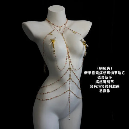 Rhinestone Sexy Chain Nipple Clamps One-Piece Body Chain Luxury Collar Includes Anal Plug and Vaginal Clamps BDSM Training Sexy