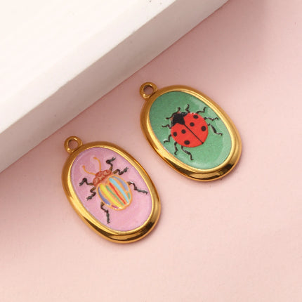 2 Pcs 304 Stainless Steel Insect Charms 18K Gold Plated Oval Printed Ladybug Beetle Pendants For DIY Necklace 28mm X 17.5mm