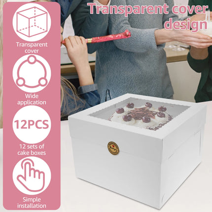 10Pcs White Bakery Boxes with Window, 12 X 12 X 8 Inches, Fold Cake Boxes Treat Boxes for Cookies, Pastry, Macarons Party Favor