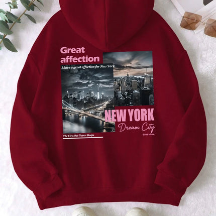 New York Dream City Printed Hoodies Casual Fashion Women Pullover Fleece Warm Pocket Sweatshirt Sporty Oversize Street Clothes
